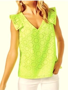 Lilly Pulitzer Lina Geo Eyelet Ruffle Top in Prickly Pear Neon Yellow Size XL